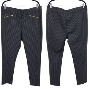 Karl Lagerfeld Mid Rise Stretch Pants 16 XL Black Gray Pinstripe Faux Zippers
